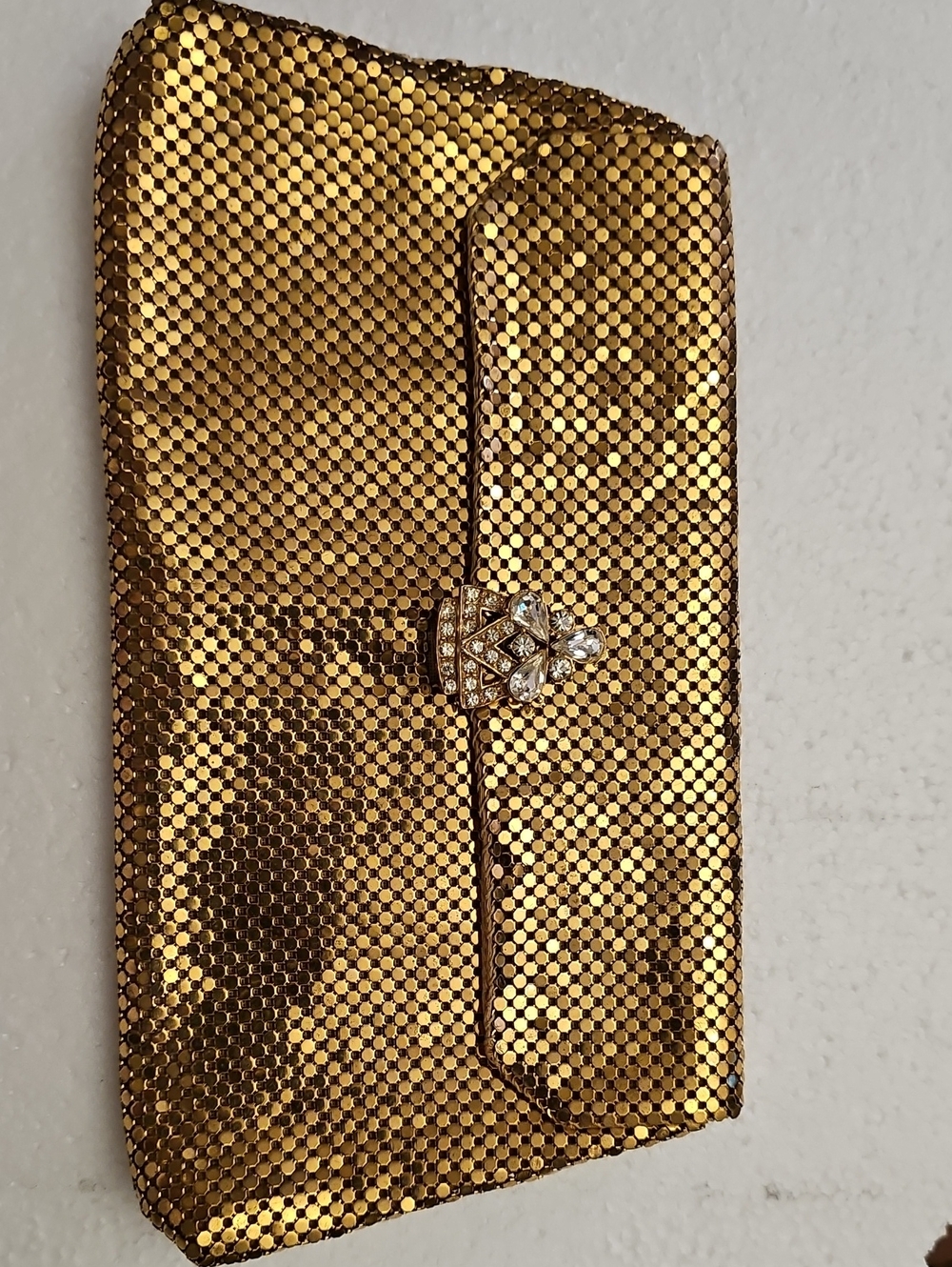 Vintage Whiting & Davis Gold Mesh Evening Clutch with Crystal Rhinestone Clasp